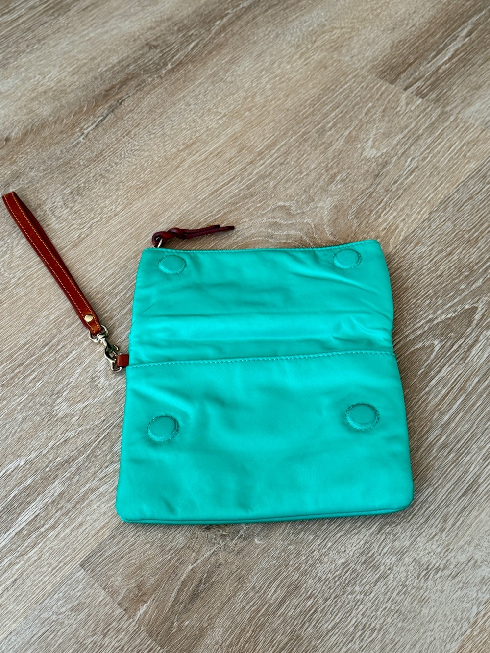 Dooney & Bourke Turquoise Wristlet with Brown Leather Trim - Picture 4 of 4